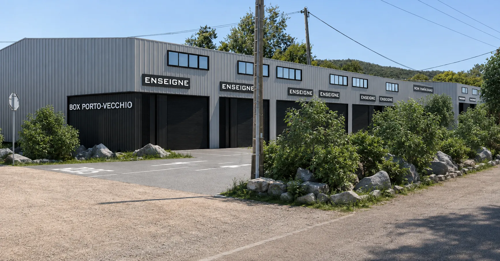 Façade des box, portes sectionnelles et enseignes.